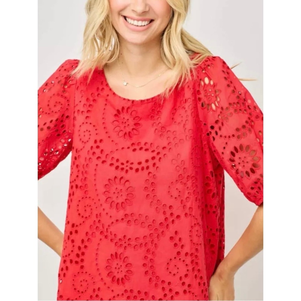 Beacon Bright Red Eyelet Puff-Sleeve Blouse - Picture 8 of 10